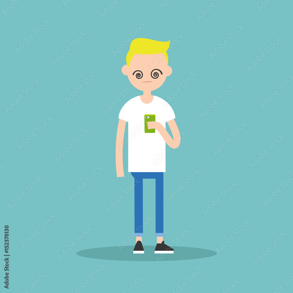 Conceptual illustration: young blond boy hypnotized by his smartphone's screen / flat editable vector illustration Conceptual illustration: young blond boy hypnotized by his smartphone's screen / flat editable vector illustration