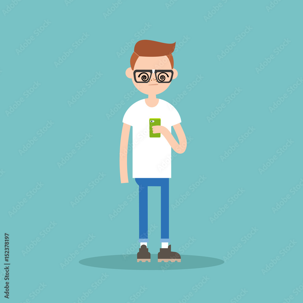 Conceptual illustration: young nerd hypnotized by his smartphone's screen / flat editable vector illustration