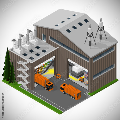 Vector isometric illustration of a waste processing plant. Saving the environment.