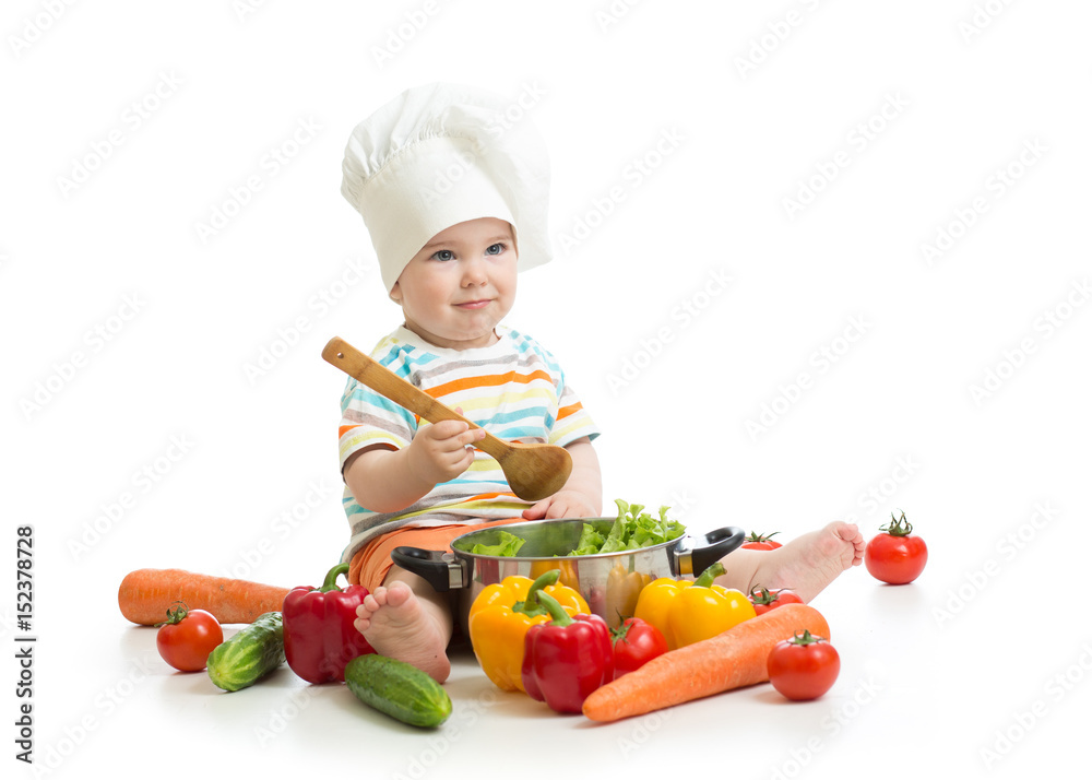 baby chef with healthy food vegetables and pan baby chef with healthy food vegetables and pan