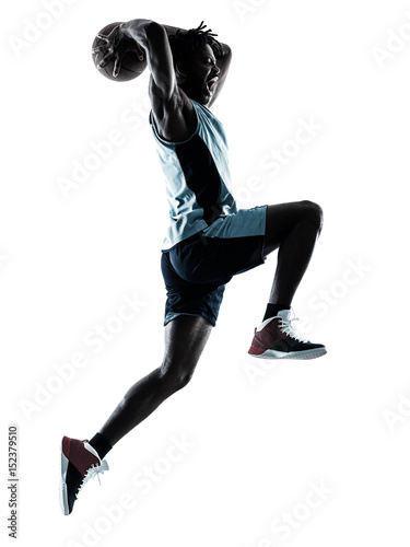 one afro-american african basketball player man isolated in silhouette shadow on white background