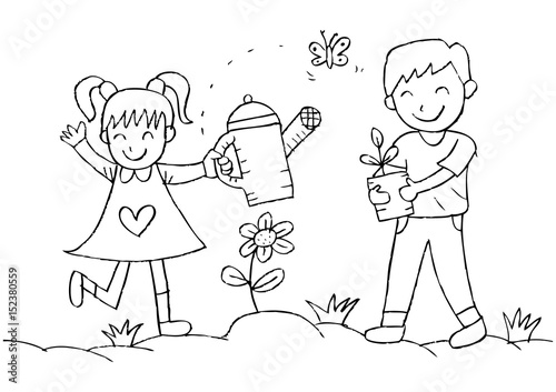 boy watering plants clipart black and white