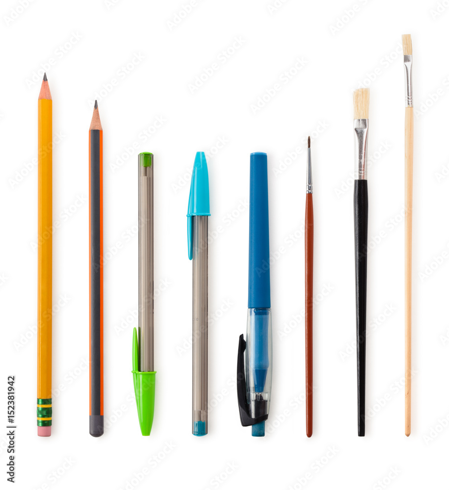 Set of pencils and paintbrushes. Set of pencils and paintbrushes.