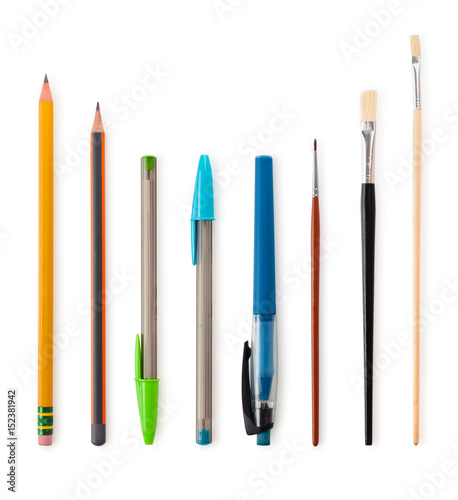 Set of pencils and paintbrushes.