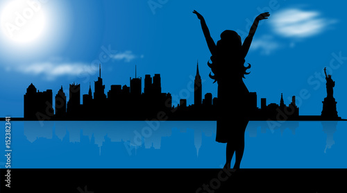 Vector illustration of New York with woman who dance.
