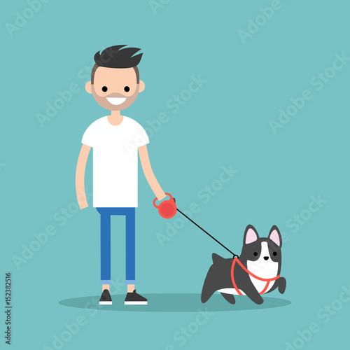 Young smiling bearded man walking the dog / flat editable vector illustration