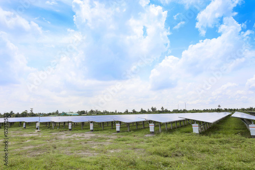 Solar panels in solar farms blue sky background. © panya99
