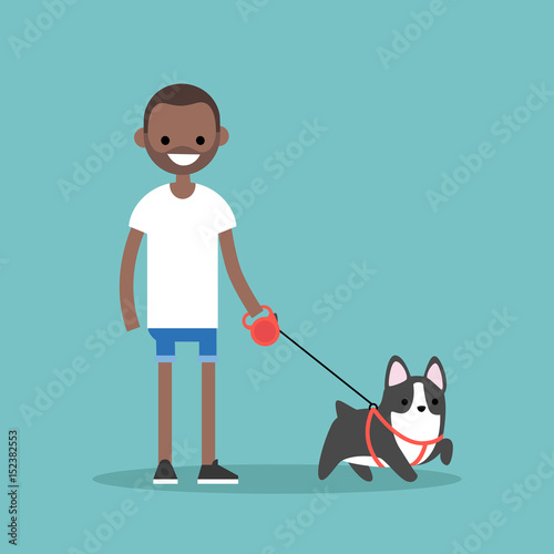 Young smiling black man walking the dog / flat editable vector illustration