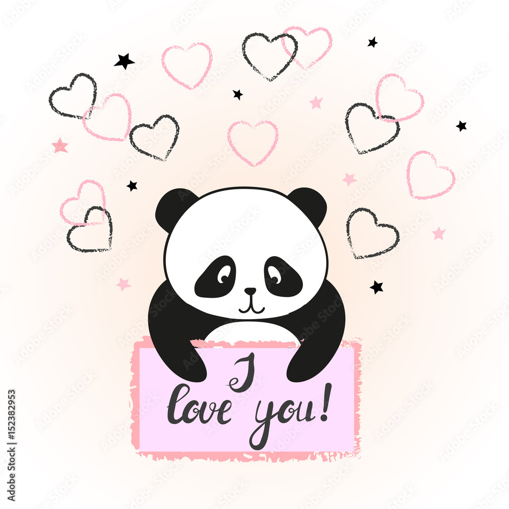 Vector illustration of cute cartoon panda bear in love. Valentine card  design. Stock Vector | Adobe Stock
