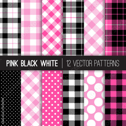 Pink, Black and White Polka Dots, Gingham and Tartan Plaid Vector Patterns. Trendy Hipster Lumberjill Flannel Shirt Checks. Set of Girly Chic Hot Pink Backgrounds. Pattern Tile Swatches Included.