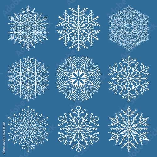 Set of white snowflakes. Fine winter ornament. Snowflakes collection. Snowflakes for backgrounds and designs