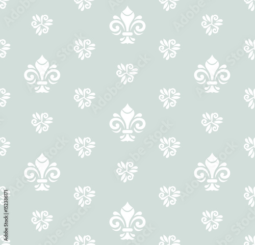 Seamless light blue and white pattern. Modern geometric ornament with royal lilies. Classic vintage background