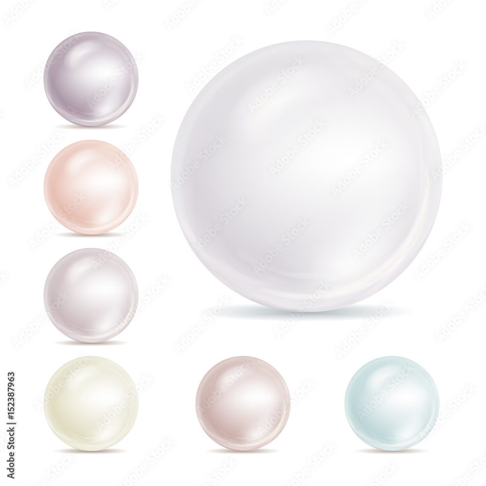 Realistic Pearls Isolated Vector. Set 3d Shiny Oyster Pearl Ball For Luxury Accessories. Sphere Shiny Sea Pearl Illustration Realistic Pearls Isolated Vector. Set 3d Shiny Oyster Pearl Ball For Luxury Accessories. Sphere Shiny Sea Pearl Illustration