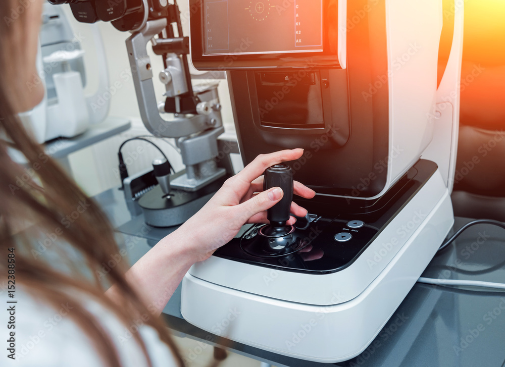 Refractometry. Keratometry. Refraction test. Optometry Stock Photo