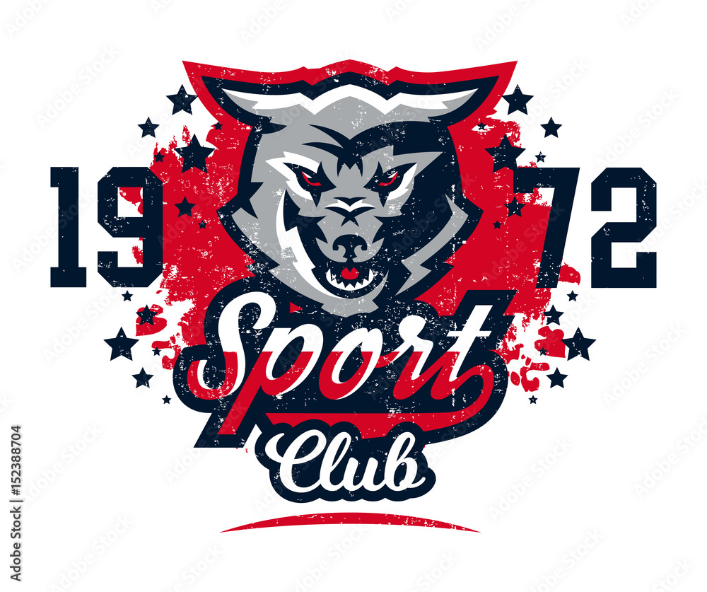 Design for printing on T-shirts, aggressive wolf ready to attack. Predator of the forest, dangerous beast, wild animal, mascot, sports identity, lettering. Vector illustration, grunge effect