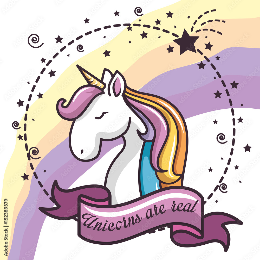 Colorful unicorn with stars, ribbon and 'unicorns are real' sign sticker over white background. Vector illustration.