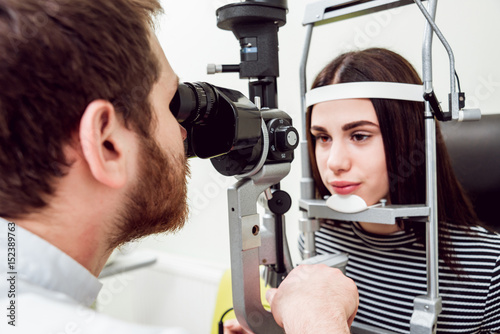 Fototapeta Naklejka Na Ścianę i Meble -  Slit lamp examination. Biomicroscopy of the anterior eye segment. Basic eye examination.