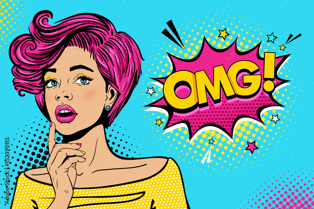 Wow female face. Sexy surprised young woman with open mouth and pink hair, bright makeup and OMG! speech bubble. Vector colorful background in pop art retro comic style. Party invitation poster. - obrazy, fototapety, plakaty 