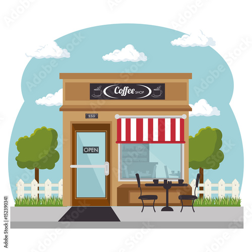 Seen from outside, coffee shop with red and white awning, and shopwindow over white background. Vector illustration.