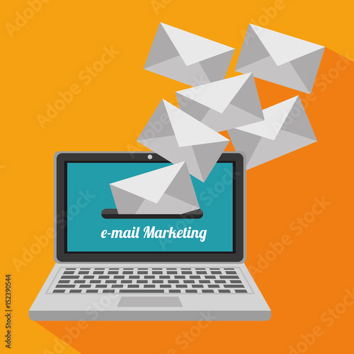 Laptop with envelopes coming out of its screen over orange background. Vector illustration,