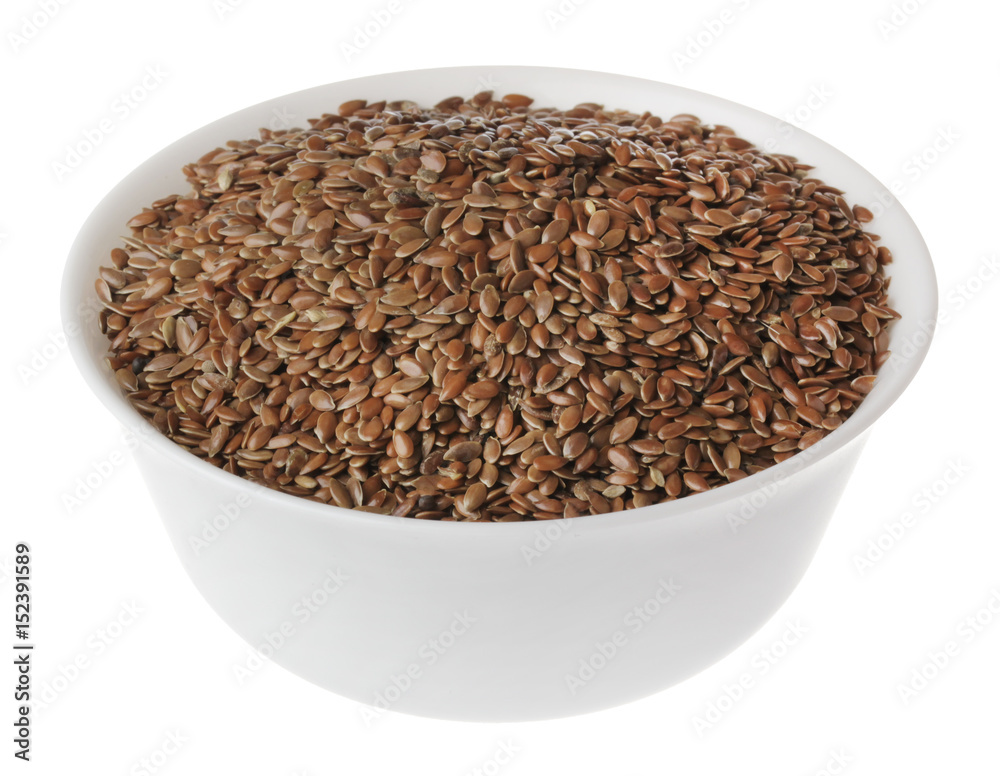 flax seeds in white bowl on white background isolate flax seeds in white bowl on white background isolate