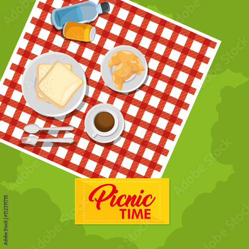 Picnic time design with red gingham pattern blanket and food over green background. Vector illustration.