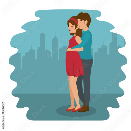 Man hugging woman from back and city skyline over blue and white background. Vector illustration.