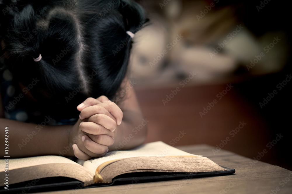 Little girl hands folded in prayer on a Holy Bible in church for faith ...