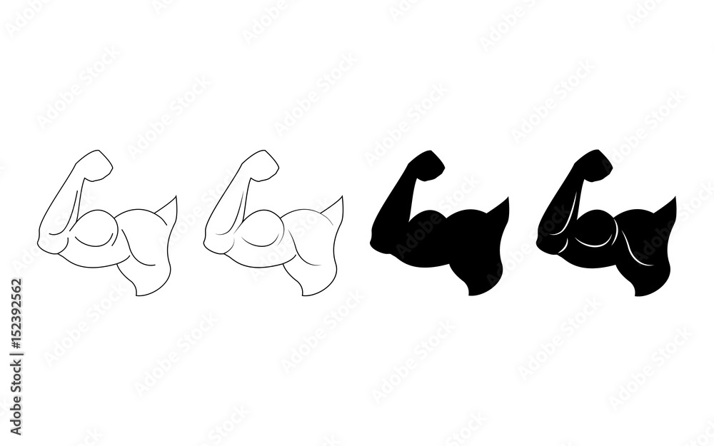 Hand of bodybuilder set logo. Brawny arm isolated. Flat style. Logo. Sports emblem, icon