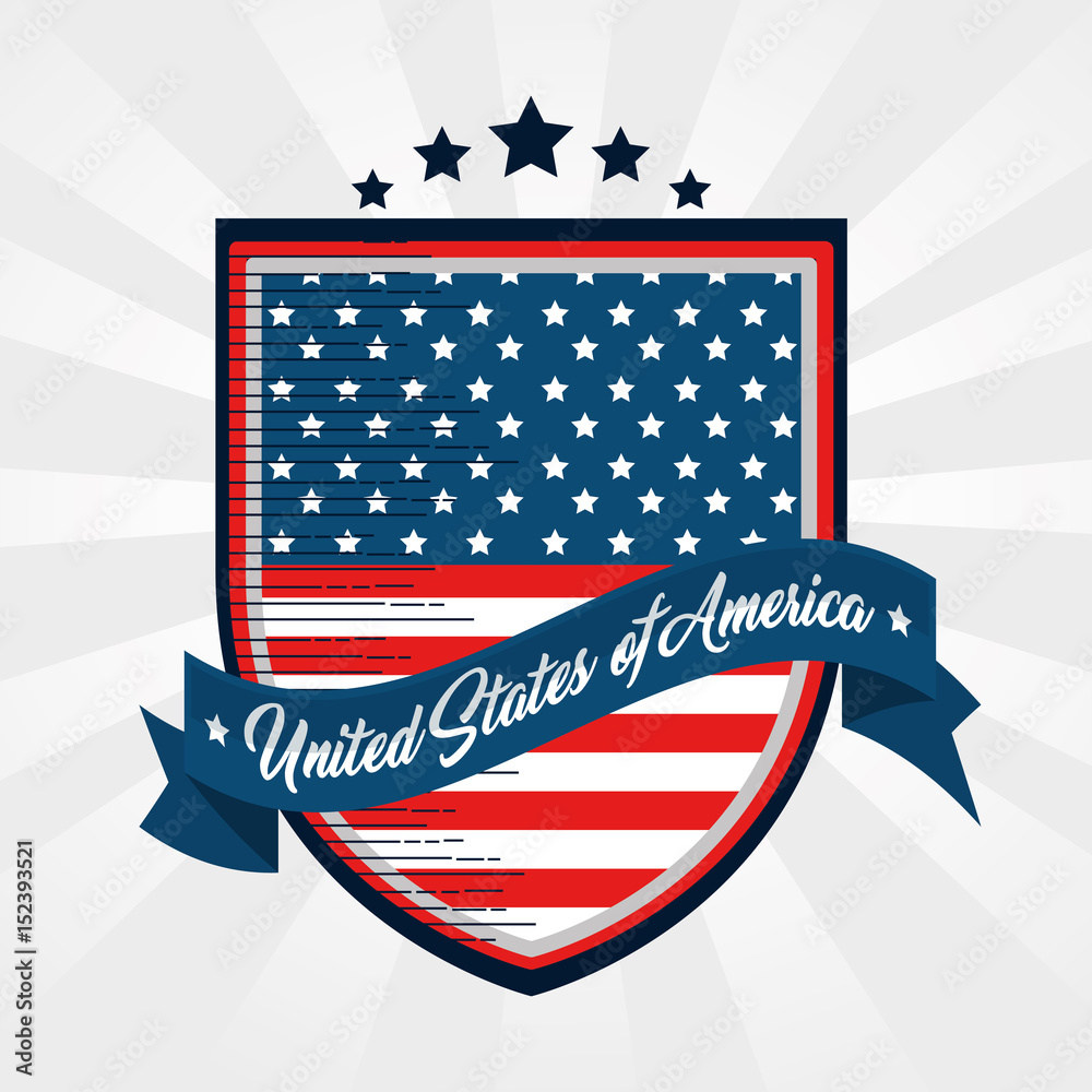 American flag shield and ribbon over white background. Vector illustration. American flag shield and ribbon over white background. Vector illustration.
