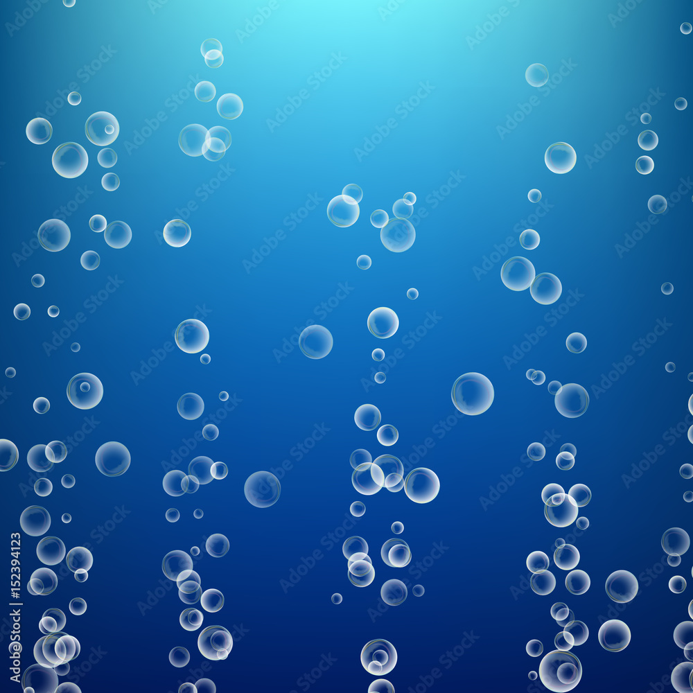 Bubbles In Water On Blue Background. Ocean Deep. Circle And Liquid, Light Design. Clear Soapy Shiny. Vector Illustration
