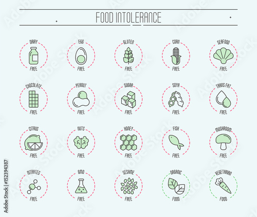 Set of ingredient warning label icons. Food intolerance. Common allergens (gluten, lactose, soy, corn and more), sugar and trans fat, vegetarian and organic symbols. Vector thin line illustration.