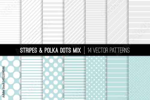 Polka Dot and Diagonal and Horizontal Stripes Vector Patterns in Aqua Blue, White and Silver Grey. Modern Neutral Backgrounds. Various Size Spots and Lines. Pattern Tile Swatches Included.