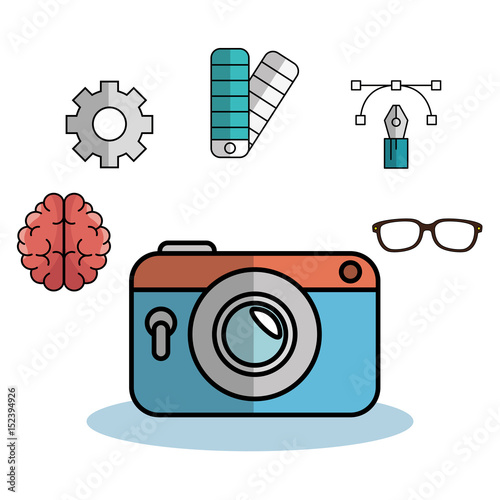 Vintage camera, brain, gear wheel, color palette, pen, lines, anchor points and glasses over white background. Vector illustration. photo