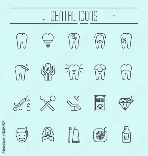 Set of dental care icons, dental treatment, dental equipment, oral hygiene. Thin line elements for website or app with editable stroke.