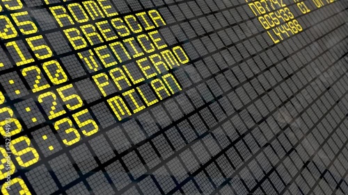 Close-up of an airport departure board to Italian cities destinations, with environment reflection. Part of a series. 4k video resolution (4096x2304).
