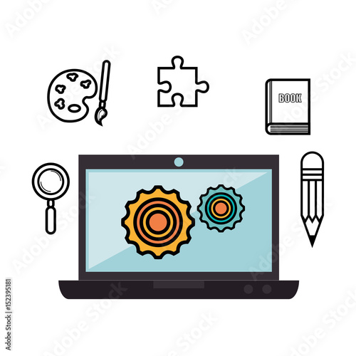 Laptop, geal wheels and hand drawn items over white background. Vector illustration photo