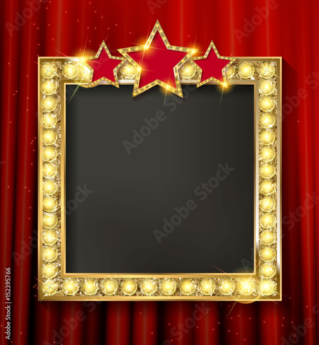 Empty golden painting frame on red curtain wall