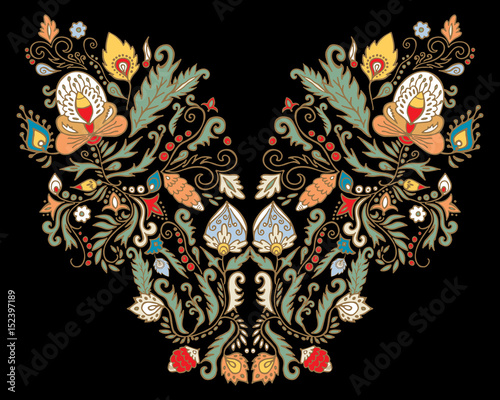 stock vector flowers and leaf ornament. oriental or russian pattern.necklace embroidery design