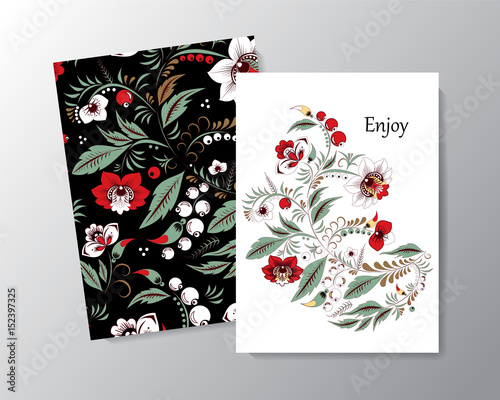 stock vector floral card design.doodle pattern with wreath flowers and leaf. russian or orient style