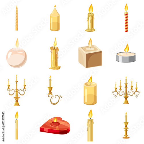 Candles forms icons set, cartoon style