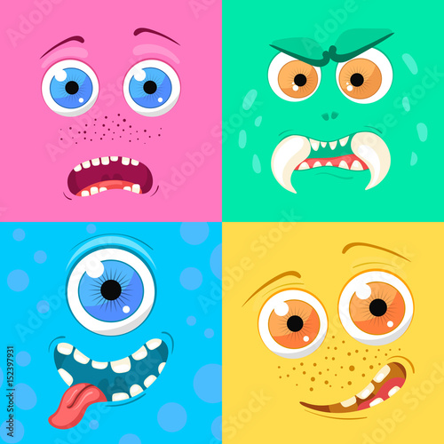 Set of cartoon monster faces with different expression of emotions. Bright emotional avatar collection. Kid theme. Vector illustration for any design