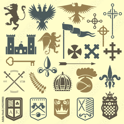 Heraldic royal crest medieval knight elements vintage king symbol heraldry castle badge vector illustration