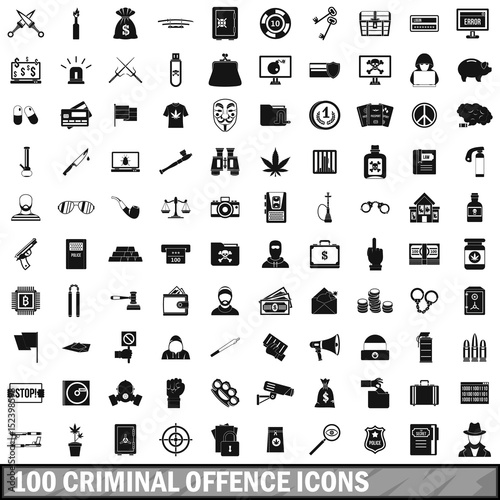 Fotografering 100 criminal offence icons set, simple style