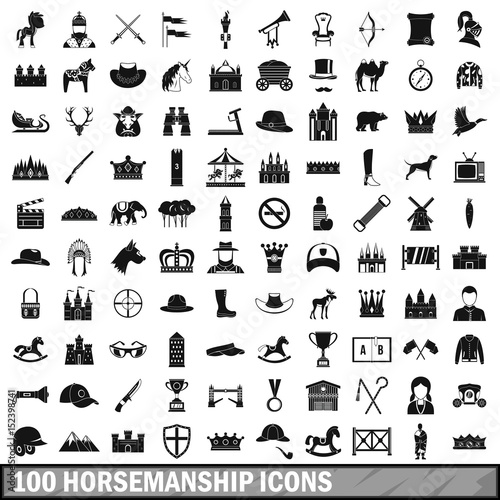 100 horsemanship icons set, simple style 