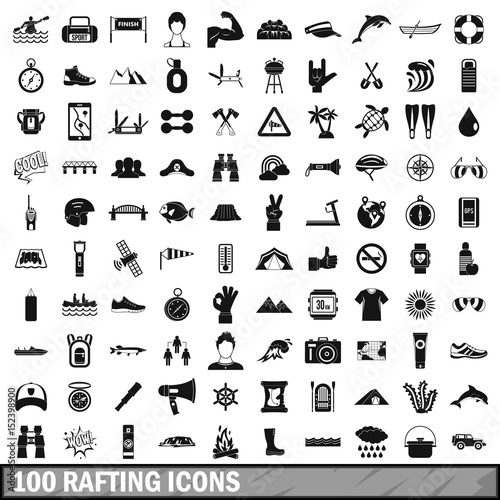 100 rafting icons set, simple style 