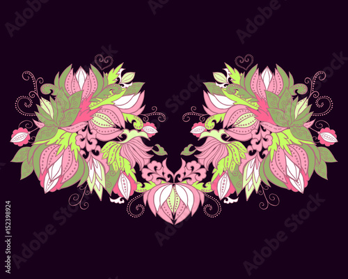 stock vector flowers and leaf ornament. oriental or russian pattern.necklace embroidery design