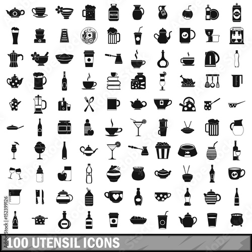 100 utensil icons set, simple style 
