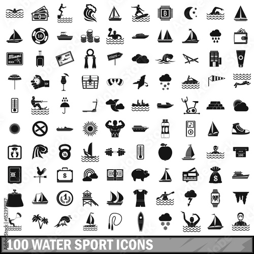 100 water sport icons set, simple style 