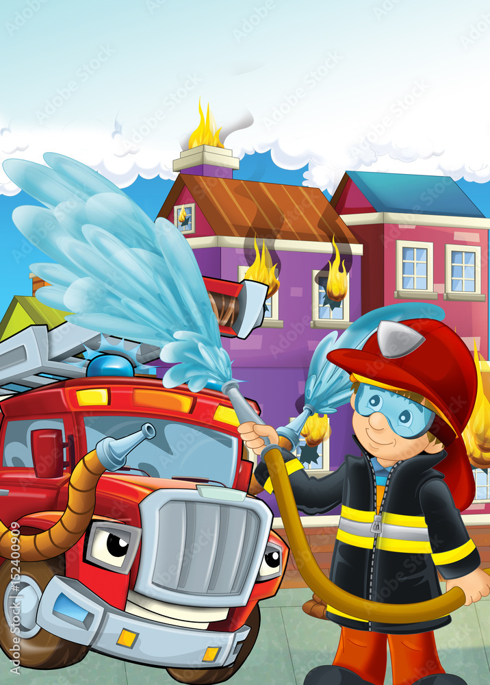 cartoon stage with fireman near burning building brave firetruck is helping  colorful scene Stock Illustration | Adobe Stock